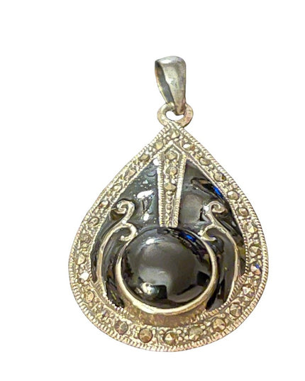 Sterling silver marcasite black enamel & blk onyx fancy tear drop pendant