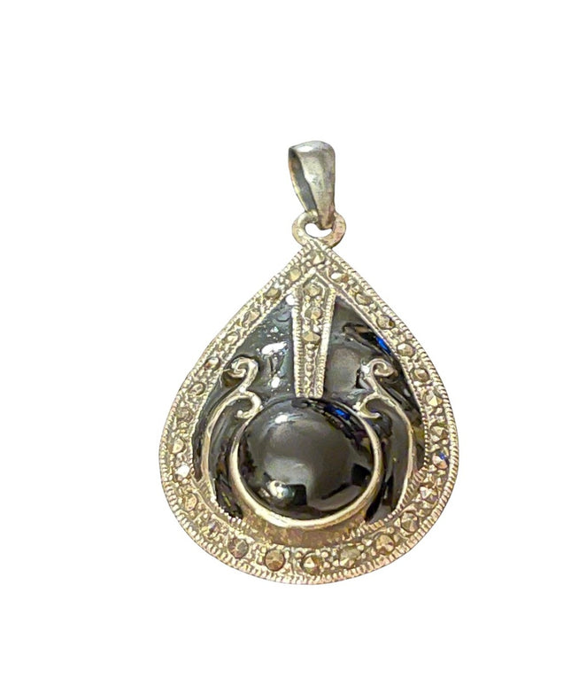 Sterling silver marcasite black enamel & blk onyx fancy tear drop pendant