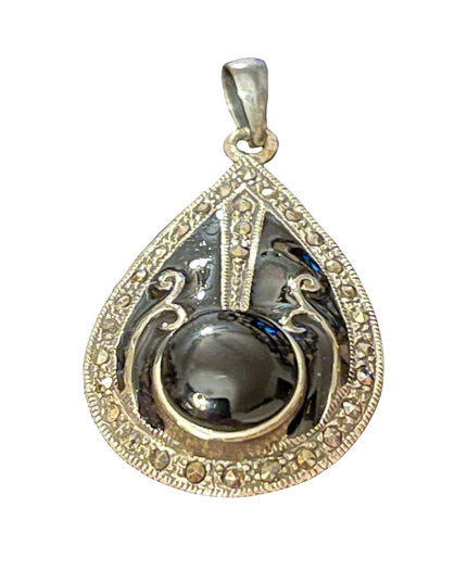 Sterling silver marcasite black enamel & blk onyx fancy tear drop pendant