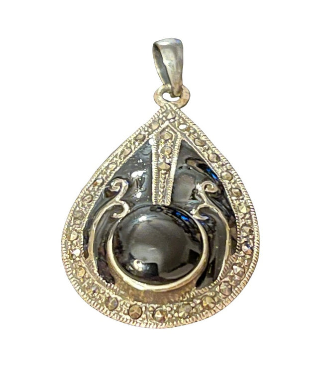 Sterling silver marcasite black enamel & blk onyx fancy tear drop pendant