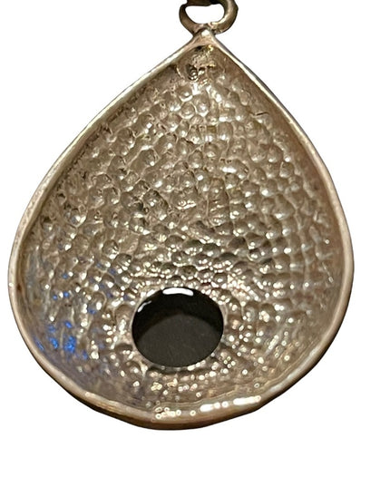 Sterling silver marcasite black enamel & blk onyx fancy tear drop pendant
