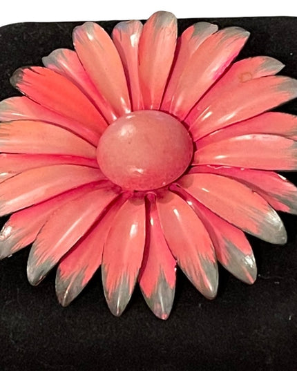 Vintage 1960s Pink flower metal brooch large