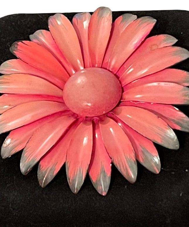 Vintage 1960s Pink flower metal brooch large