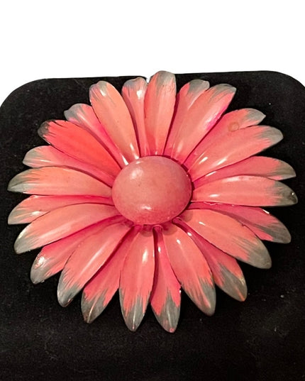 Vintage 1960s Pink flower metal brooch large
