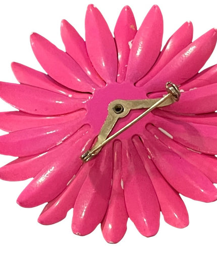 Vintage 1960s Pink flower metal brooch large