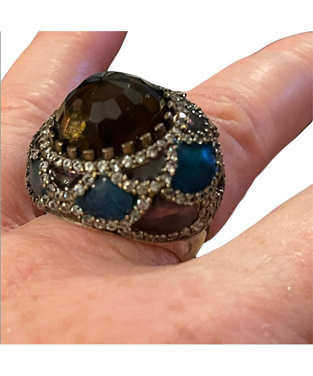 Vintage sterling silver chunky multi color enamel rhinestone ring