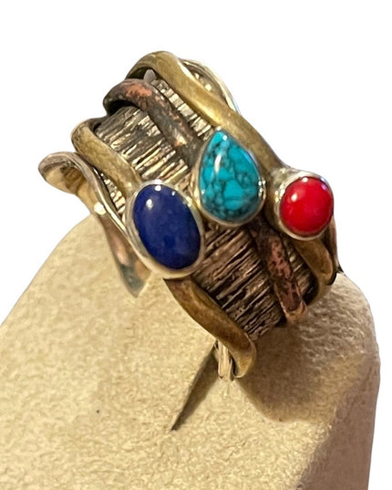 Sterling silver 925 copper brass lapis carnelian turquois artesian spinner ring