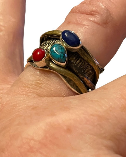 Sterling silver 925 copper brass lapis carnelian turquois artesian spinner ring