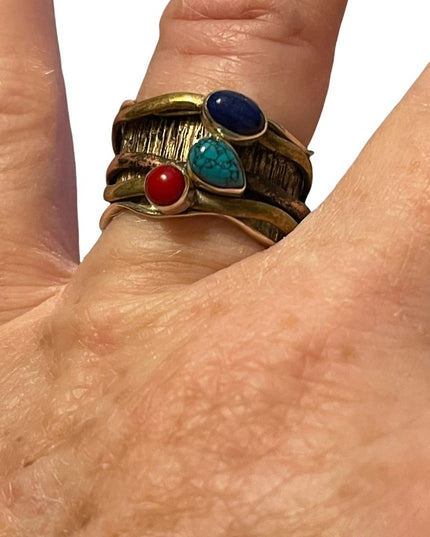 Sterling silver 925 copper brass lapis carnelian turquois artesian spinner ring