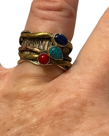 Sterling silver 925 copper brass lapis carnelian turquois artesian spinner ring