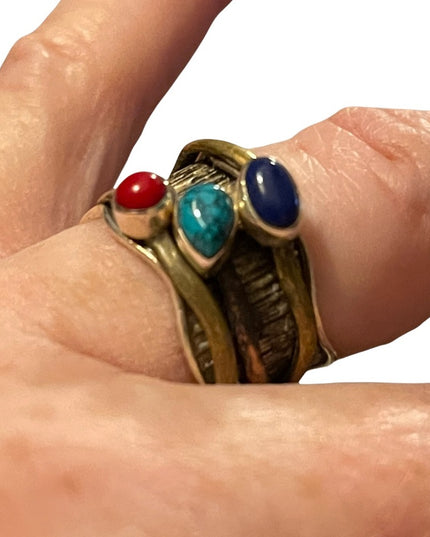 Sterling silver 925 copper brass lapis carnelian turquois artesian spinner ring