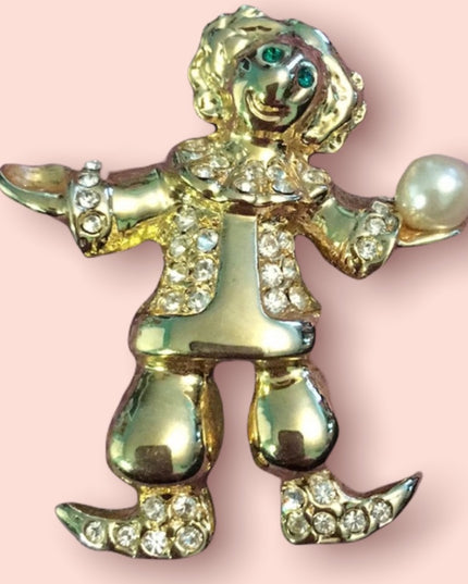 Vintage Gold tone clown juggler crystal pave brooch