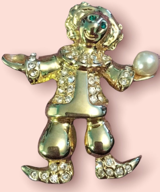 Vintage Gold tone clown juggler crystal pave brooch