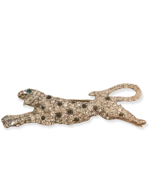 Vintage silver tone cougar crystal brooch