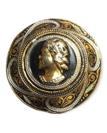 Vintage Damascene Spain Cameo gold plated black enameled ornate brooch 1930s