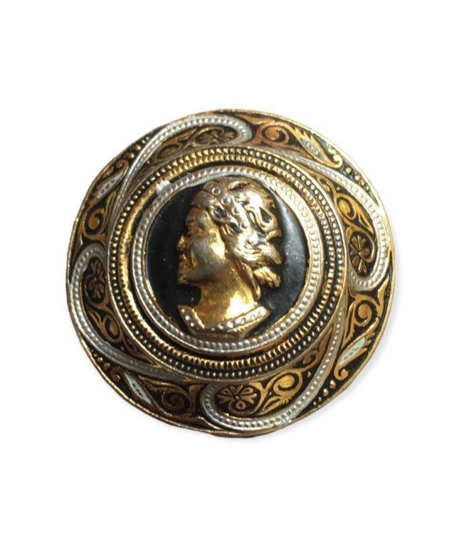 Vintage Damascene Spain Cameo gold plated black enameled ornate brooch 1930s
