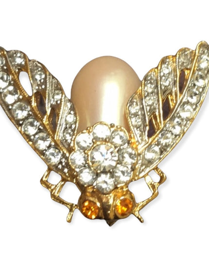 VTG crystal gold faux pearl bug fly brooch