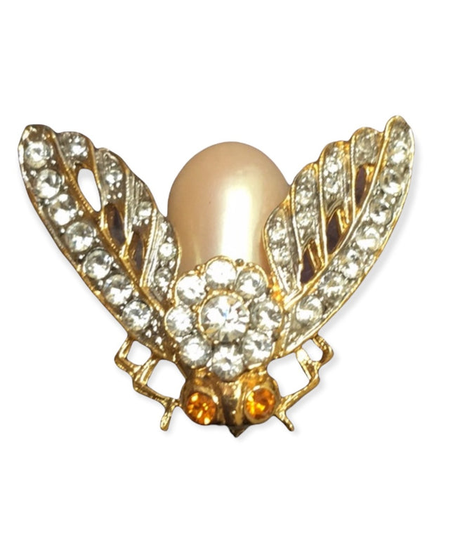 VTG crystal gold faux pearl bug fly brooch