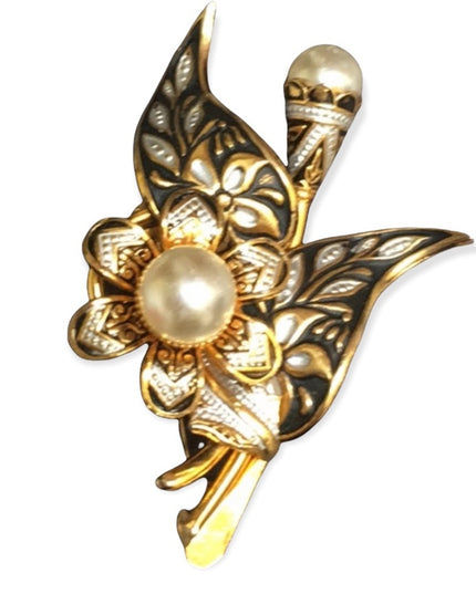 Vintage Damascene Spain Gold pearl flower brooch
