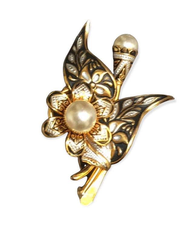 Vintage Damascene Spain Gold pearl flower brooch
