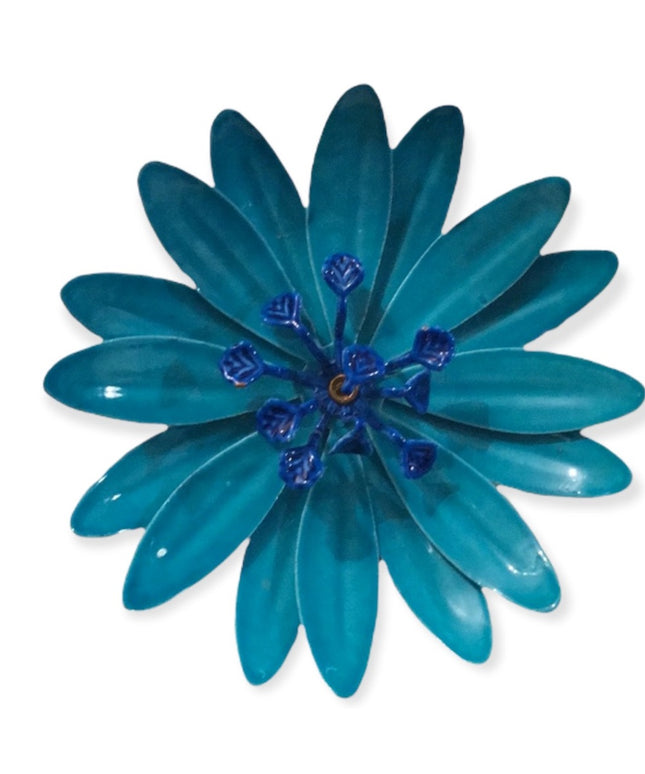 Vintage 1960s Blue Metal flower enamel brooch
