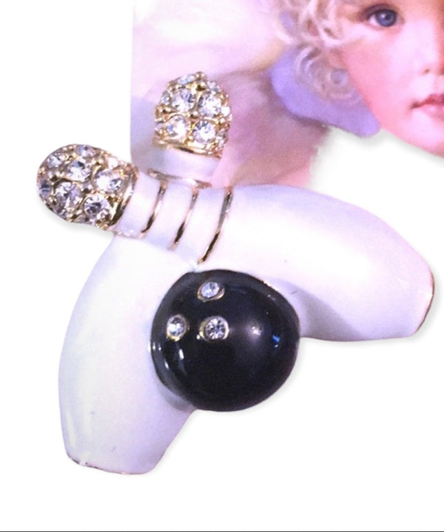 Vintage bowling pin brooch enameled crystal
