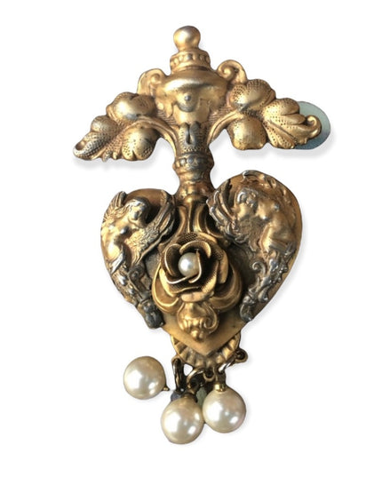 Vintage ANGELS angelic faux pearl heart gold tone brooch 4”