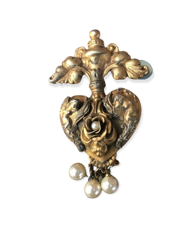 Vintage ANGELS angelic faux pearl heart gold tone brooch 4”