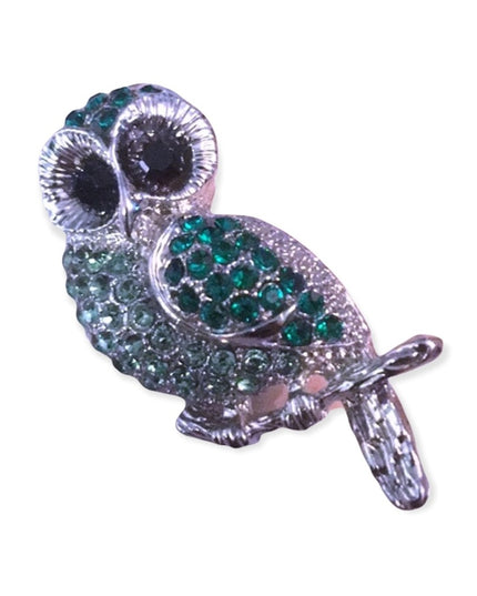 Vintage green crystal silver finish owl brooch