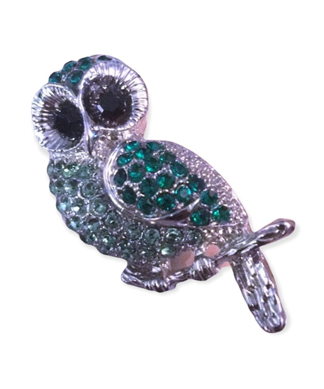 Vintage green crystal silver finish owl brooch