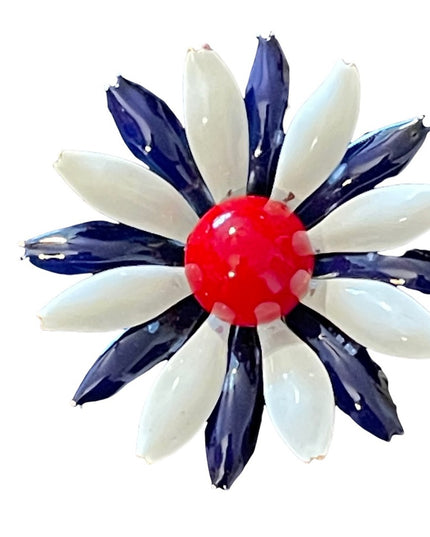 Vintage flower metal brooch red white blue