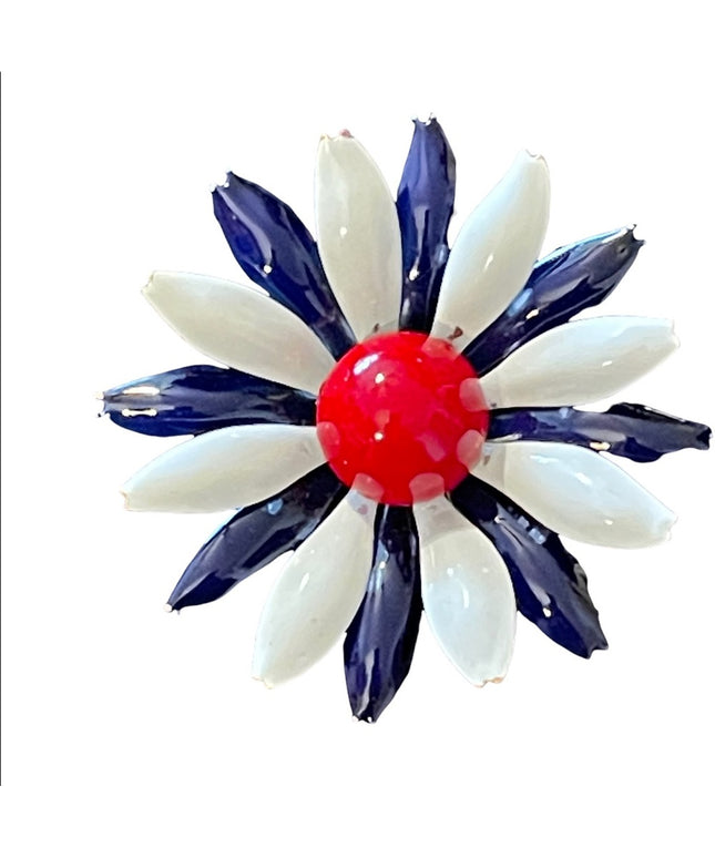 Vintage flower metal brooch red white blue
