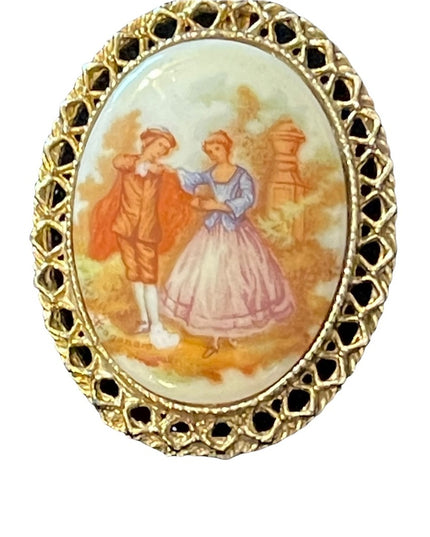 Vintage victorian scene ceramic cameo brooch pendant