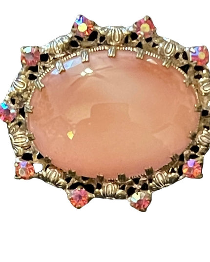 Vintage  pink rhinestone cameo oval brooch gold antiqued finish