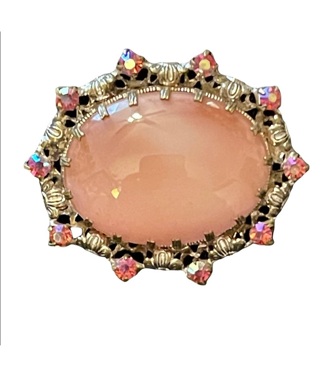 Vintage  pink rhinestone cameo oval brooch gold antiqued finish