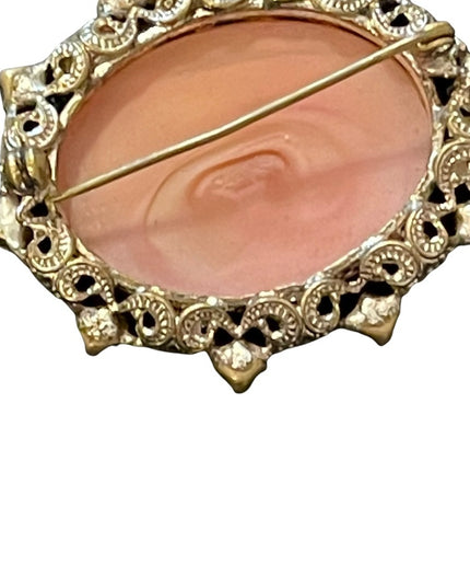 Vintage  pink rhinestone cameo oval brooch gold antiqued finish