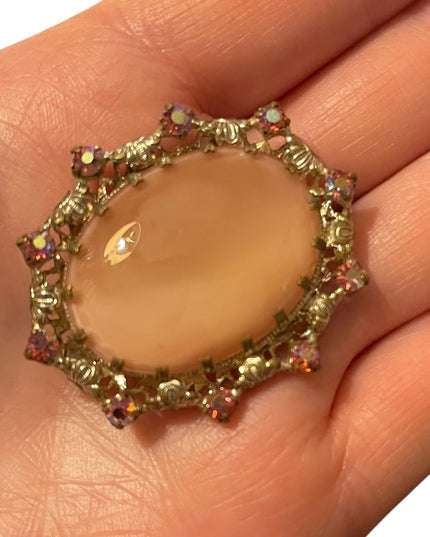 Vintage  pink rhinestone cameo oval brooch gold antiqued finish