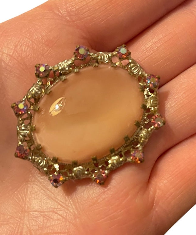 Vintage  pink rhinestone cameo oval brooch gold antiqued finish