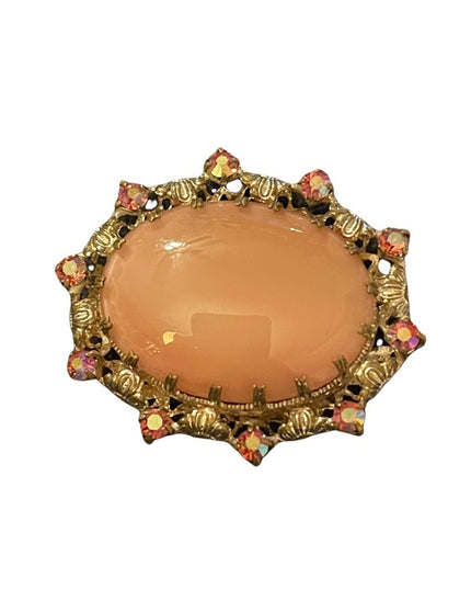 Vintage  pink rhinestone cameo oval brooch gold antiqued finish