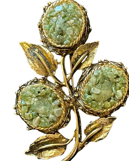 Vintage Jade chip antiqued gold finish LARGE flower brooch 3”