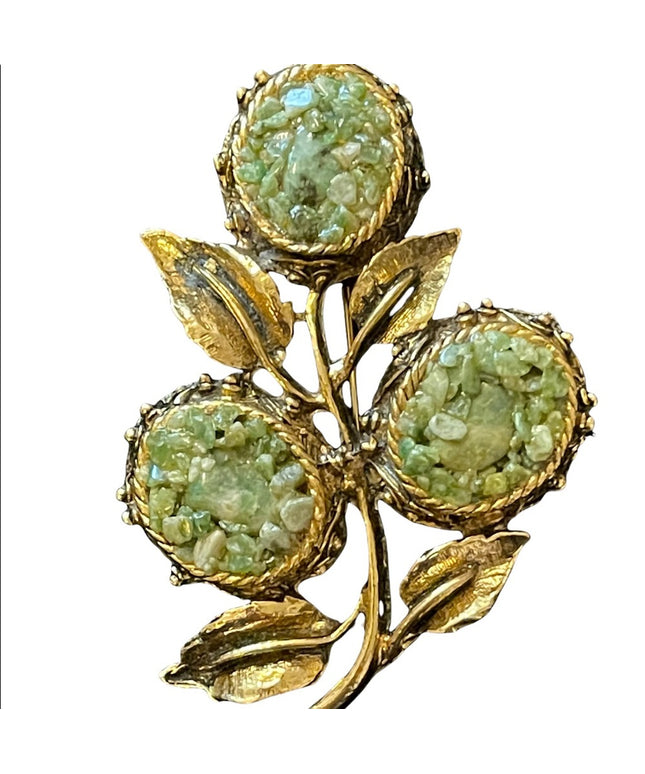 Vintage Jade chip antiqued gold finish LARGE flower brooch 3”