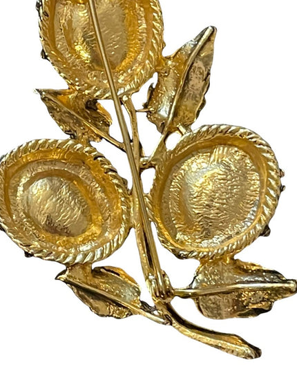Vintage Jade chip antiqued gold finish LARGE flower brooch 3”