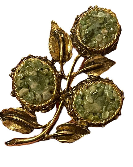 Vintage Jade chip antiqued gold finish LARGE flower brooch 3”
