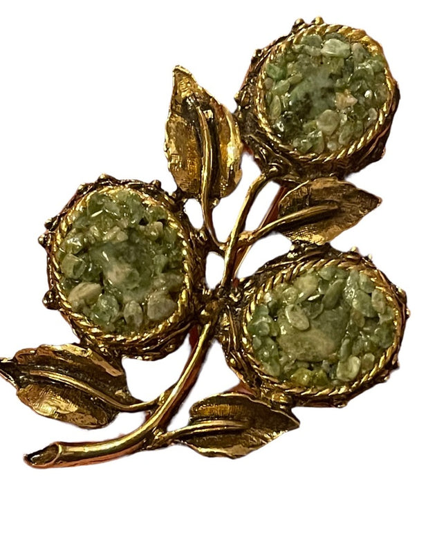 Vintage Jade chip antiqued gold finish LARGE flower brooch 3”