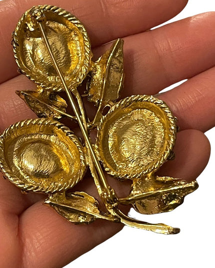 Vintage Jade chip antiqued gold finish LARGE flower brooch 3”