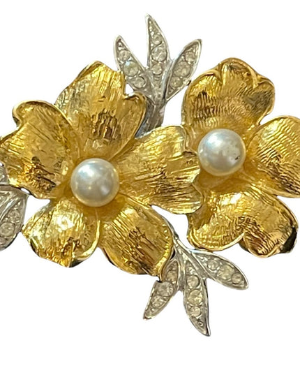 Fancy gold & silver finish faux pearl flower brooch with rhinestones