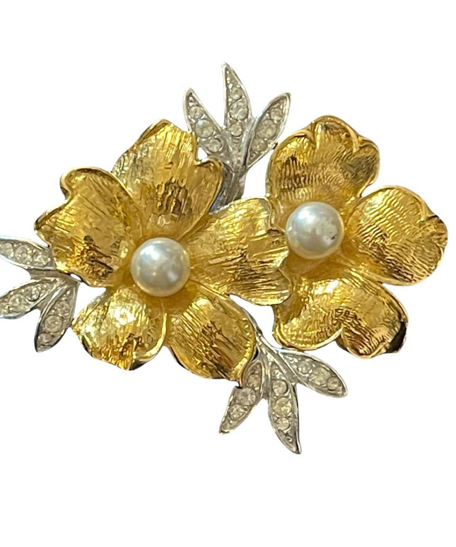 Fancy gold & silver finish faux pearl flower brooch with rhinestones