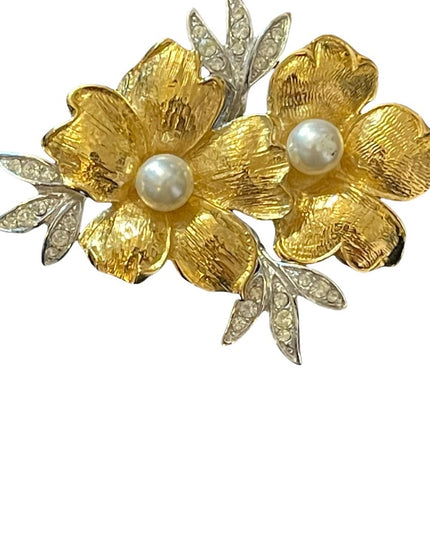 Fancy gold & silver finish faux pearl flower brooch with rhinestones