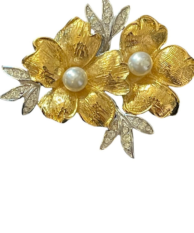 Fancy gold & silver finish faux pearl flower brooch with rhinestones