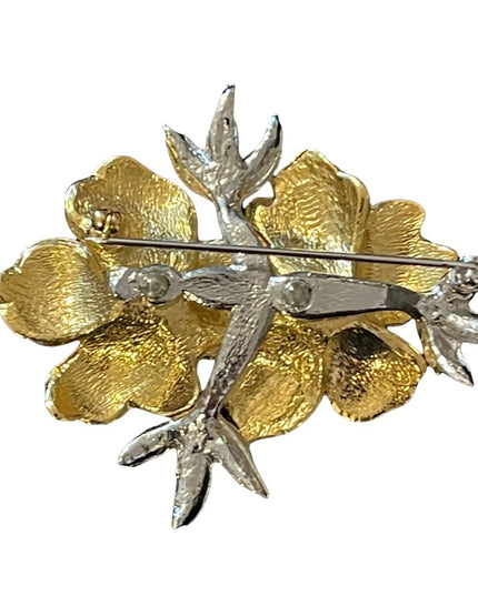 Fancy gold & silver finish faux pearl flower brooch with rhinestones